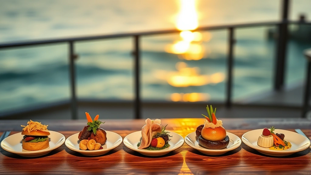 Multi-course fine dining progression displayed on wooden table showing five different plated dishes with varied heights, colors, and garnishes, soft golden hour lighting, blurred Gulf water in background