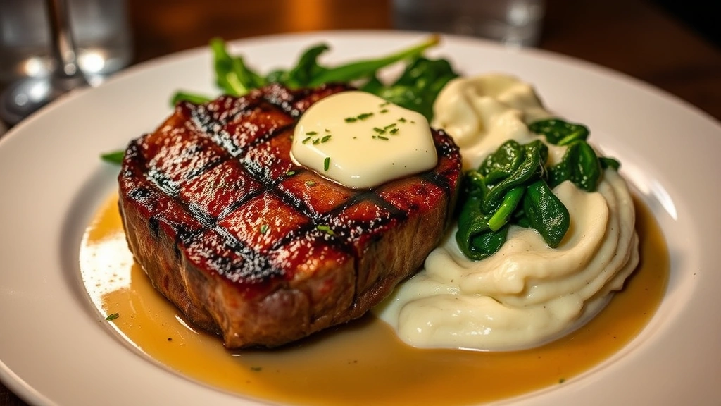 Perfectly seared medium-rare ribeye steak with golden crust, herb compound butter melting on surface, creamed spinach and truffle mashed potatoes on white plate, warm soft lighting, fine dining presentation