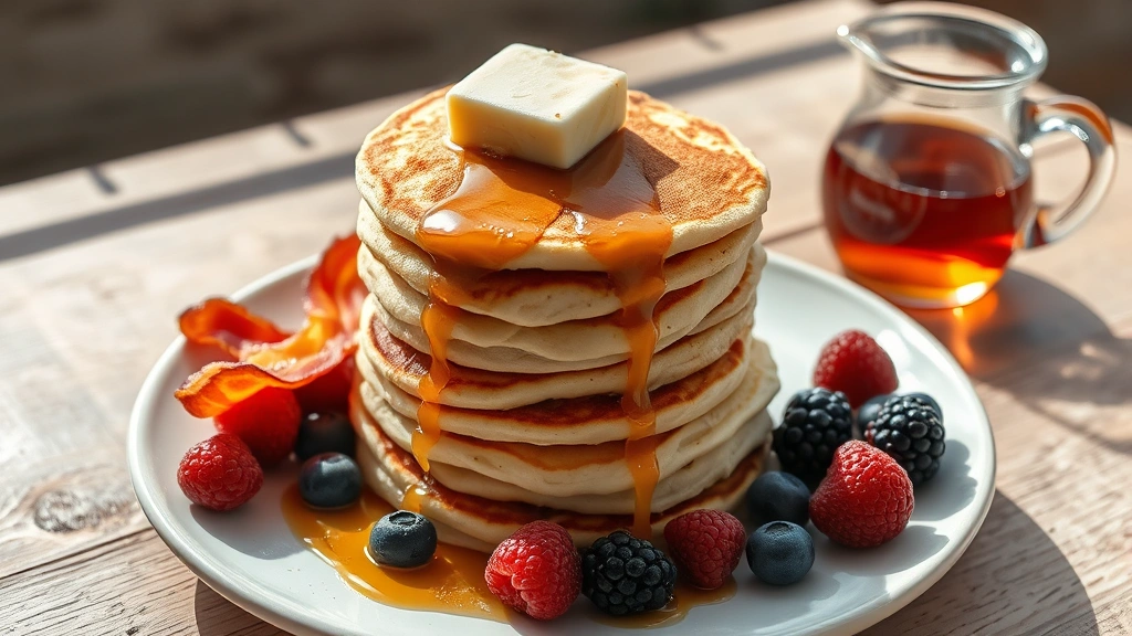 Fluffy buttermilk pancakes stacked high with bourbon-pecan butter dripping down sides, crispy bacon strips, fresh berries scattered around, rustic wooden table, morning sunlight, maple syrup in glass pitcher nearby