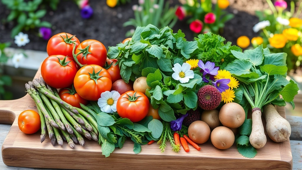Colorful fresh farmers market vegetables arranged on rustic cutting board including heirloom tomatoes, asparagus, spring greens, edible flowers, and root vegetables, natural daylight, garden setting in background