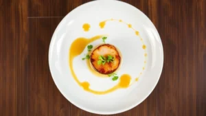 Overhead shot of an elegantly plated fine dining entree featuring perfectly seared scallop with caramelized crust, microgreens, and delicate sauce artfully drizzled on white porcelain plate