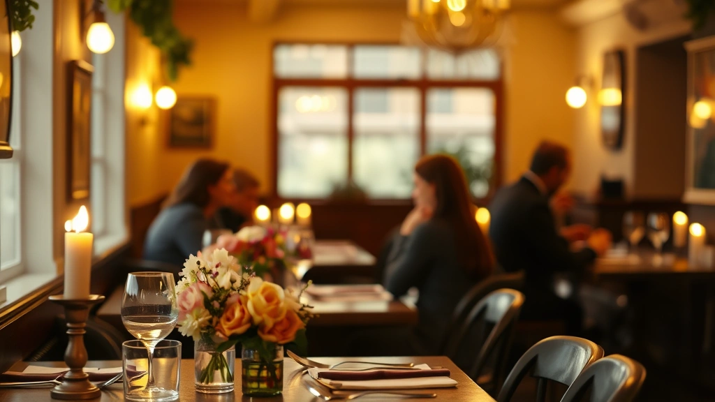 Warm-toned photograph of a cozy neighborhood restaurant interior with soft candlelight, intimate table settings, fresh flowers, and blurred diners enjoying conversation