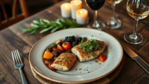 Overhead view of a rustic wooden table with an elegant plated farm-to-table dinner featuring roasted seasonal vegetables, herb-crusted protein, and microgreens, with warm candlelight and wine glasses in soft focus background, Colorado mountain lodge ambiance