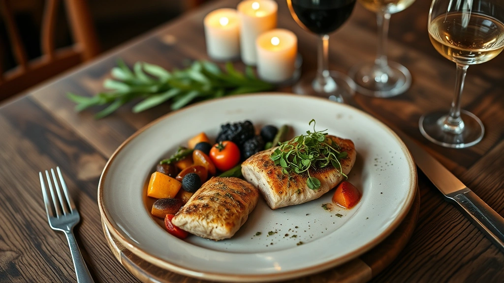 Overhead view of a rustic wooden table with an elegant plated farm-to-table dinner featuring roasted seasonal vegetables, herb-crusted protein, and microgreens, with warm candlelight and wine glasses in soft focus background, Colorado mountain lodge ambiance