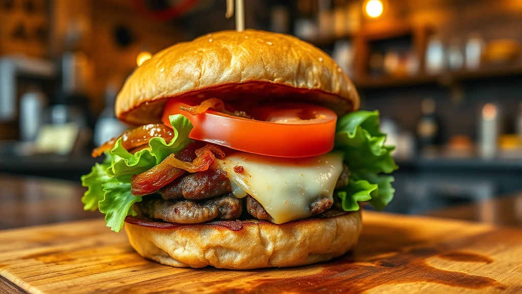 Close-up sensory shot of a gourmet burger with caramelized onions, melted artisanal cheese, fresh lettuce, and thick-cut tomato slice on a toasted brioche bun, steam rising, wooden cutting board, rustic restaurant setting with blurred kitchen in background