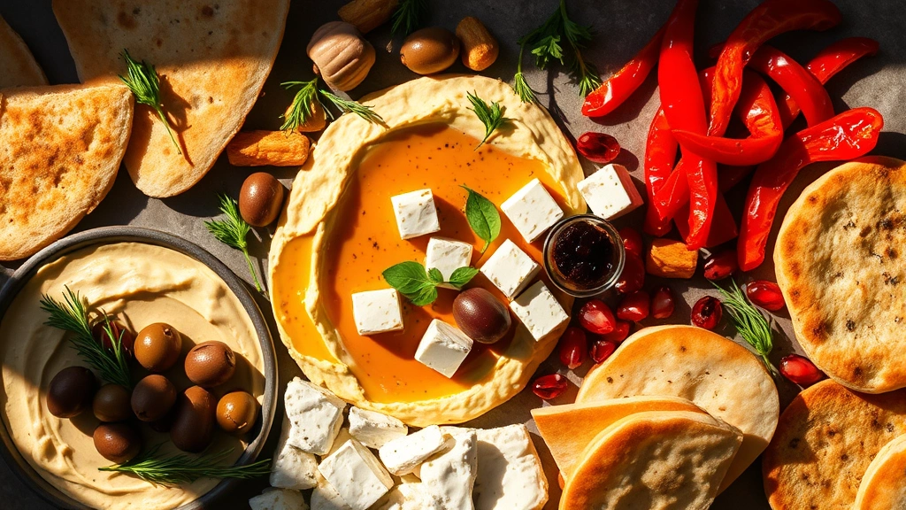 Vibrant flat-lay of Mediterranean mezze spread including hummus, fresh olives, creamy feta cheese, roasted red peppers, pita bread, pomegranate seeds, and fresh herbs, natural sunlight casting shadows, warm earth tones, inviting shared dining aesthetic