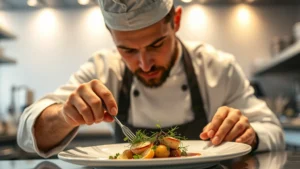 Professional chef plating an elegant dish with microgreens and sauce reduction in a modern kitchen, focused concentration on precision and artistry, warm professional lighting highlighting food textures