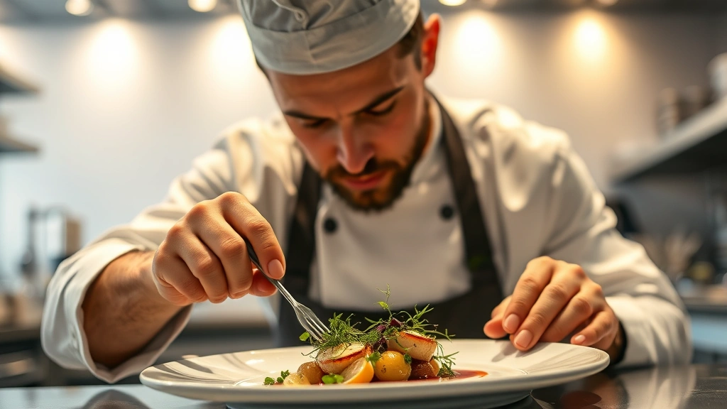 Professional chef plating an elegant dish with microgreens and sauce reduction in a modern kitchen, focused concentration on precision and artistry, warm professional lighting highlighting food textures