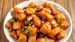 Overhead shot of pristine Kung Pao chicken with visible peanuts, dried chilies, and glistening sauce coating tender chicken pieces, steam rising, professional plating on white ceramic