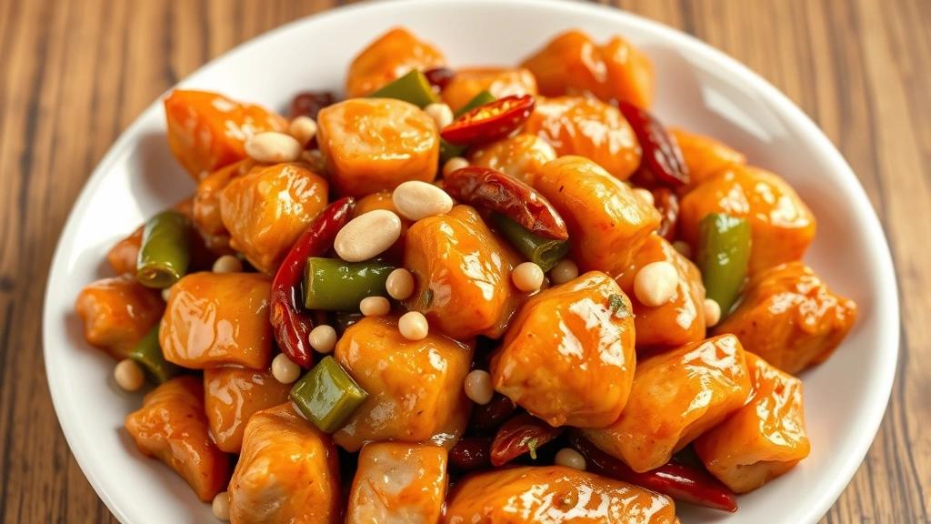 Overhead shot of pristine Kung Pao chicken with visible peanuts, dried chilies, and glistening sauce coating tender chicken pieces, steam rising, professional plating on white ceramic