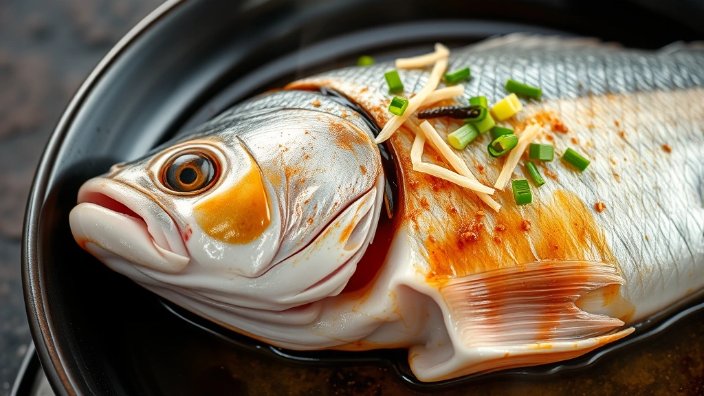 Close-up of whole steamed fish with ginger julienne and scallion garnish, glistening with sesame oil sauce, steam wisping, showing delicate flesh and aromatic herbs on dark plate