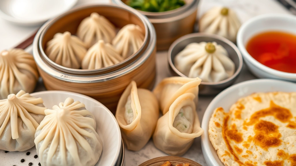 Artfully arranged dim sum selection featuring steamed dumplings, crispy wontons, and scallion pancakes with golden-brown exterior, showing texture detail and professional restaurant presentation
