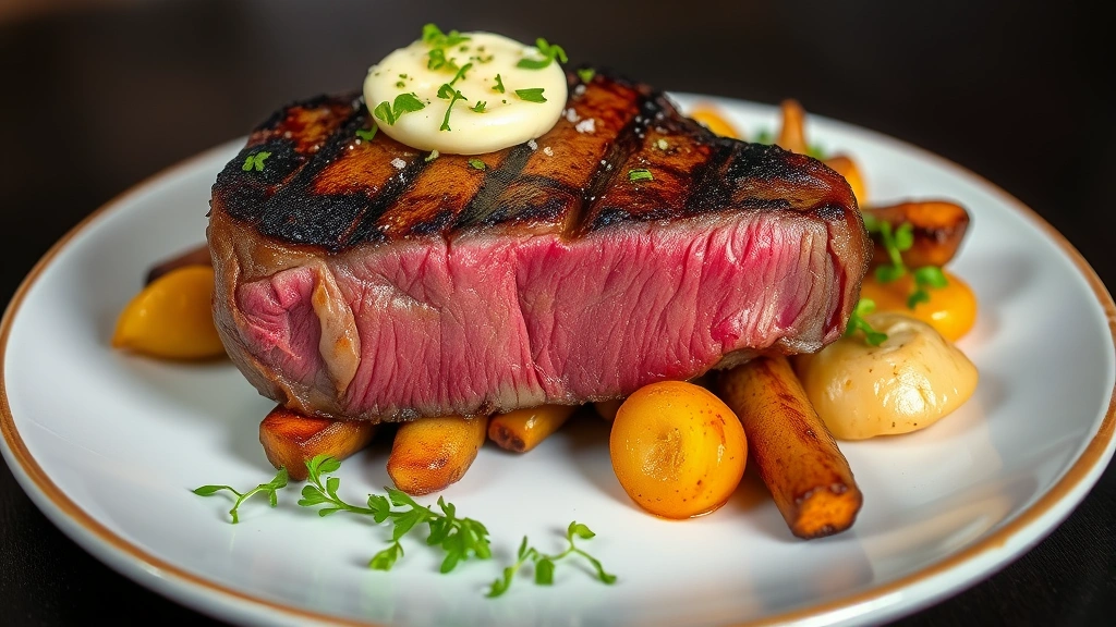 Perfectly seared grass-fed beef steak with caramelized crust, rare interior, topped with herb butter and fleur de sel, plated on white ceramic with roasted root vegetables and microgreens