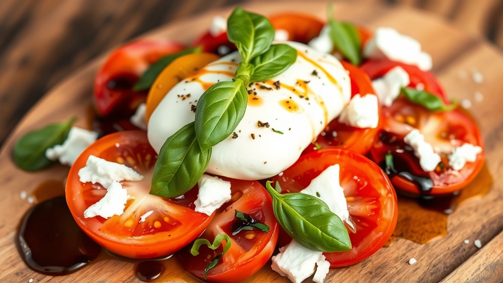 Fresh heirloom tomato salad with creamy burrata cheese, torn basil leaves, aged balsamic reduction, quality olive oil, finishing salt crystals on rustic wooden board