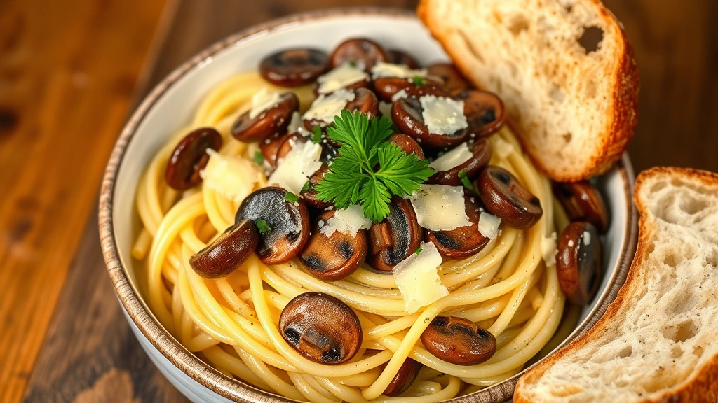 Artisanal pasta with wild mushrooms sautéed in butter and garlic, topped with shaved Parmigiano-Reggiano, fresh parsley, black pepper, served in shallow bowl with warm crusty bread
