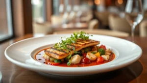 Artfully plated contemporary American dish with seared protein, microgreens, and colorful vegetable components on white ceramic plate in upscale restaurant setting with soft lighting