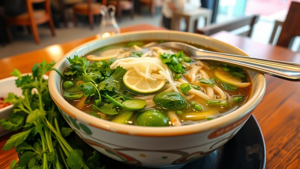 Steaming bowl of pho with fresh herbs, lime wedge, and rice noodles in clear broth, accompanied by fresh herb bundle and spoon in Vietnamese restaurant ambiance