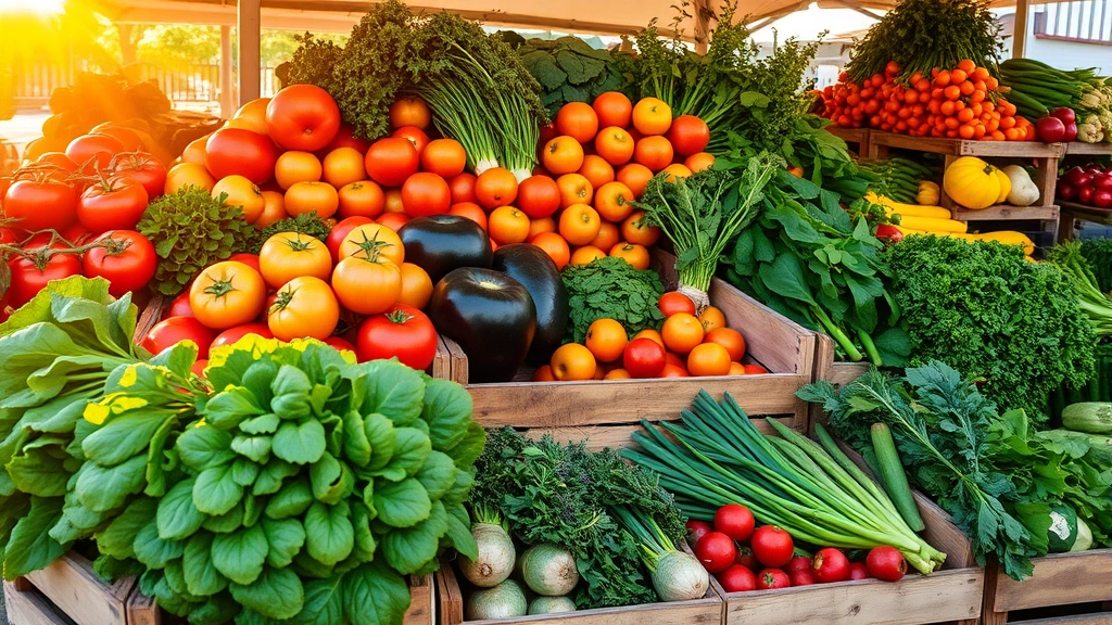 Vibrant farmers market display with fresh seasonal vegetables including heirloom tomatoes, leafy greens, root vegetables, and herbs stacked in wooden crates during golden hour sunlight