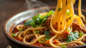 Close-up of hand-pulled noodles glistening with Sichuan chili oil and ground pork, steam rising, garnished with fresh scallions and cilantro, shallow depth of field on ceramic bowl
