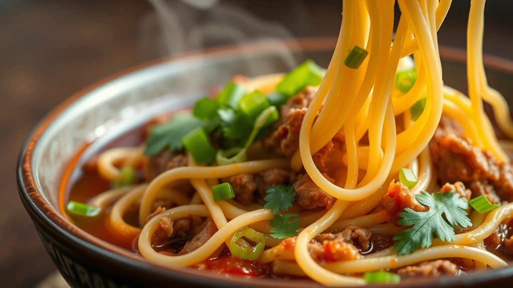 Close-up of hand-pulled noodles glistening with Sichuan chili oil and ground pork, steam rising, garnished with fresh scallions and cilantro, shallow depth of field on ceramic bowl