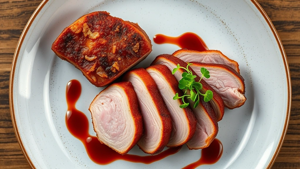 Overhead shot of crispy Peking duck with five-spice crust, golden-brown skin intact, sliced to show pink interior, plated with plum gastrique drizzle and fresh microgreens, professional restaurant plating