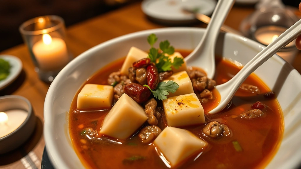 Silken mapo tofu cubes in rich fermented bean sauce with ground pork, Sichuan peppercorns visible, garnished with cilantro, photographed in warm candlelit restaurant setting with elegant chopsticks and porcelain spoon