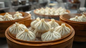Steaming bamboo baskets of handmade Chinese dumplings, closeup showing pleated wrappers and steam rising, professional restaurant kitchen setting