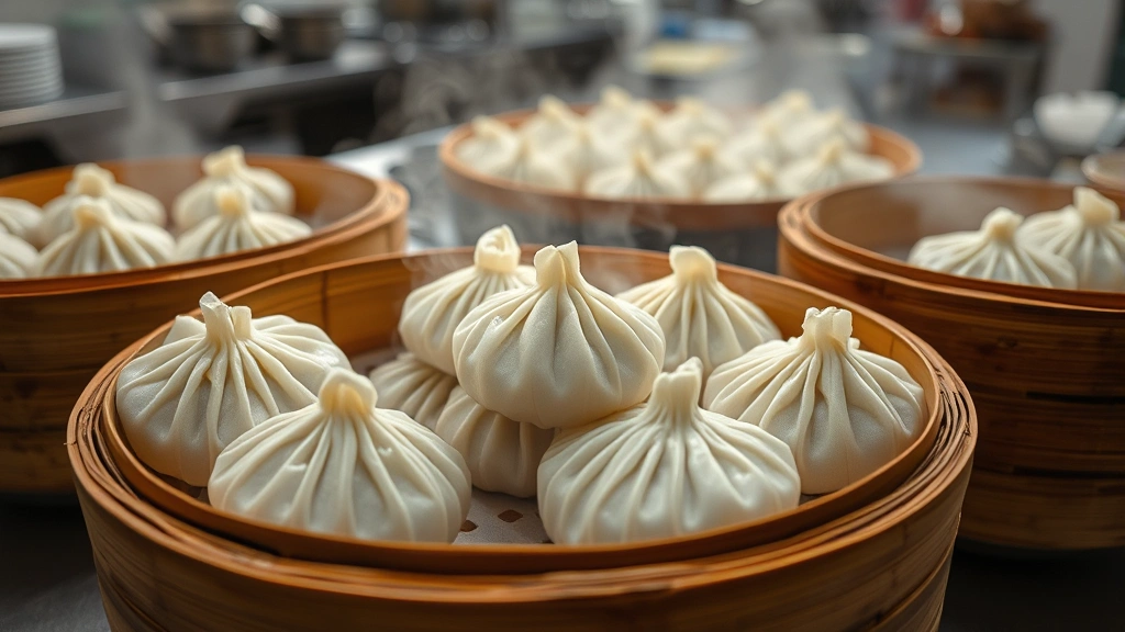 Steaming bamboo baskets of handmade Chinese dumplings, closeup showing pleated wrappers and steam rising, professional restaurant kitchen setting