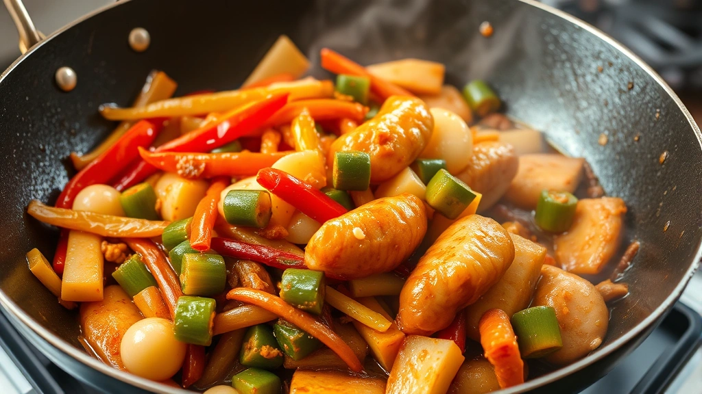 Vibrant stir-fried vegetables and tender protein in glossy sauce in a traditional wok, showing active cooking with flame, dynamic food photography
