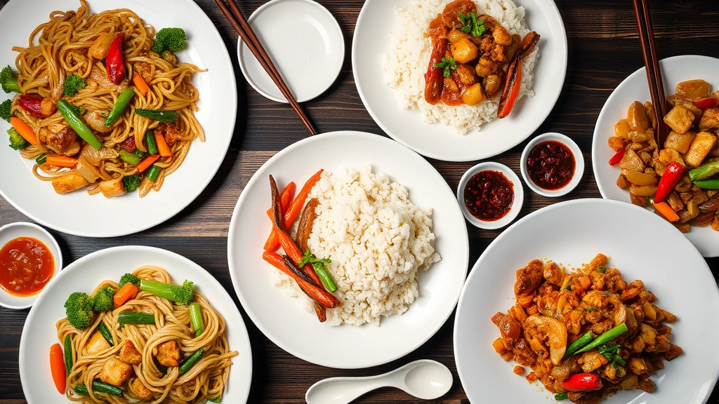 Overhead flatlay of completed Chinese dishes arranged on white plates: noodles, rice, stir-fried proteins with vegetables, chopsticks, ceramic spoons, authentic dining presentation