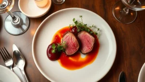 Overhead view of an elegant plated fine dining dish featuring perfectly seared duck breast with cherry gastrique, microgreens, and refined sauce artfully arranged on white ceramic plate in upscale restaurant setting with soft warm lighting