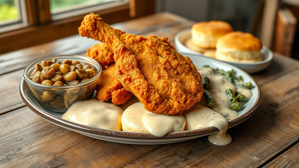 Rustic Southern comfort food scene showing crispy fried chicken with golden-brown exterior, creamy collard greens, and flaky buttermilk biscuits with gravy on weathered wooden table with natural window light