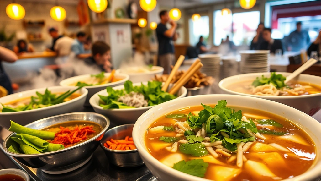 Vibrant Asian street food preparation with steaming bowls of pho broth with fresh herbs, Vietnamese spring rolls, and aromatic garnishes displayed in casual neighborhood restaurant atmosphere with warm overhead lighting