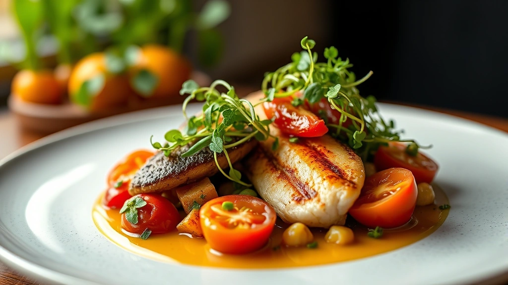 Artfully plated fine dining dish featuring locally-sourced heirloom tomatoes, microgreens, and protein with modern presentation technique, professional food photography, shallow depth of field, warm natural lighting highlighting vibrant colors and textures