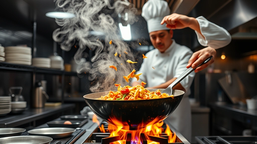 Open kitchen view of professional chef tossing ingredients in wok over high flame, captured mid-action showing technique and energy, steam rising, stainless steel equipment visible, restaurant kitchen environment, professional culinary setting