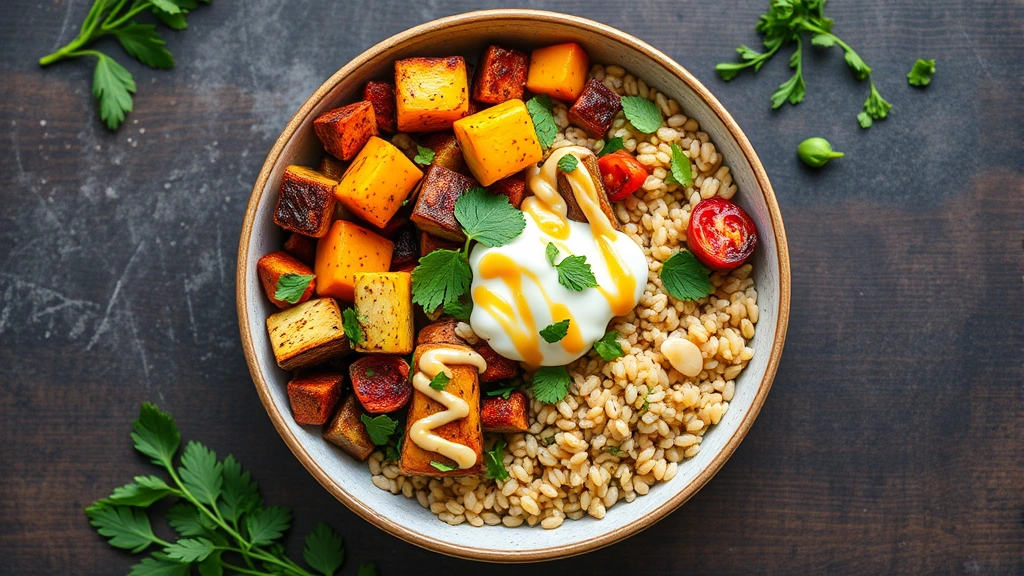 Overhead shot of colorful grain bowl with arranged components: roasted vegetables, fresh herbs, protein, grains, and drizzled sauce, vibrant colors, careful plating composition, natural lighting, fresh and appetizing presentation