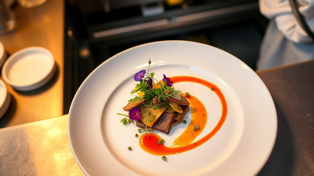 Overhead shot of an artfully plated fine dining dish with micro herbs, edible flowers, and vibrant sauce swoosh on white ceramic plate, professional restaurant kitchen backdrop, warm golden lighting