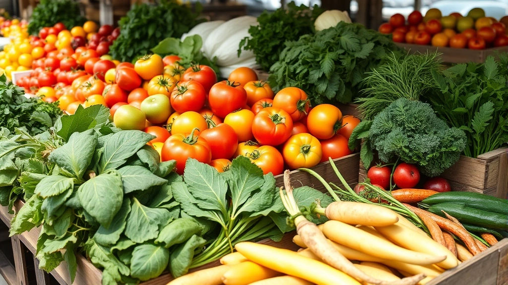 Colorful farm fresh vegetables at a farmers market - heirloom tomatoes, leafy greens, root vegetables, fresh herbs in wooden crates, morning sunlight, rustic market setting