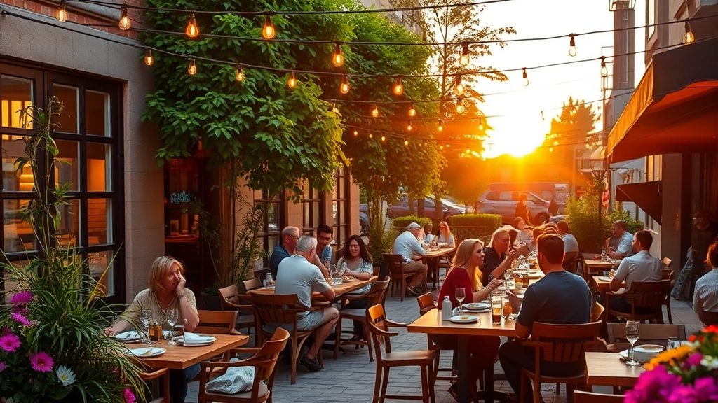 Outdoor restaurant patio dining scene at golden hour with diners enjoying meals at wooden tables, twinkling string lights overhead, lush green plants and flowers surrounding the seating area, warm evening atmosphere