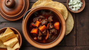 Overhead shot of traditional birria stew in clay cazuela with rich dark chile-beef broth, steam rising, accompanied by warm corn tortillas and diced onions on rustic wooden table