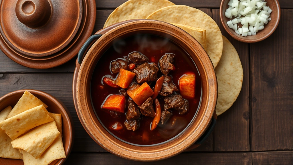 Overhead shot of traditional birria stew in clay cazuela with rich dark chile-beef broth, steam rising, accompanied by warm corn tortillas and diced onions on rustic wooden table