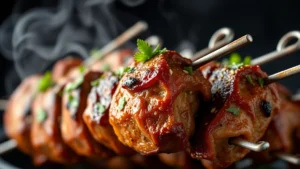 Close-up of perfectly charred lamb kebabs on metal skewers with fresh herbs, sesame seeds, and golden caramelized exterior, steam rising, shallow depth of field, professional food photography lighting