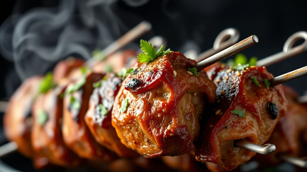 Close-up of perfectly charred lamb kebabs on metal skewers with fresh herbs, sesame seeds, and golden caramelized exterior, steam rising, shallow depth of field, professional food photography lighting