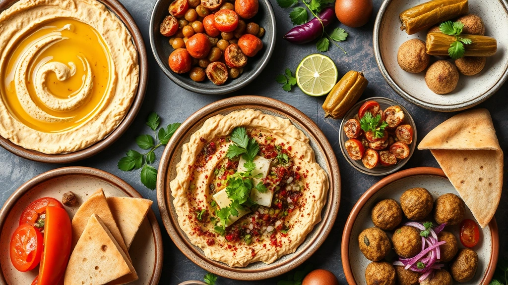 Overhead flat lay of Middle Eastern mezze platter featuring hummus swirl with olive oil and paprika, baba ghanoush, tabbouleh, falafel, stuffed grape leaves, fresh pita bread, and vibrant garnishes on rustic ceramic plates