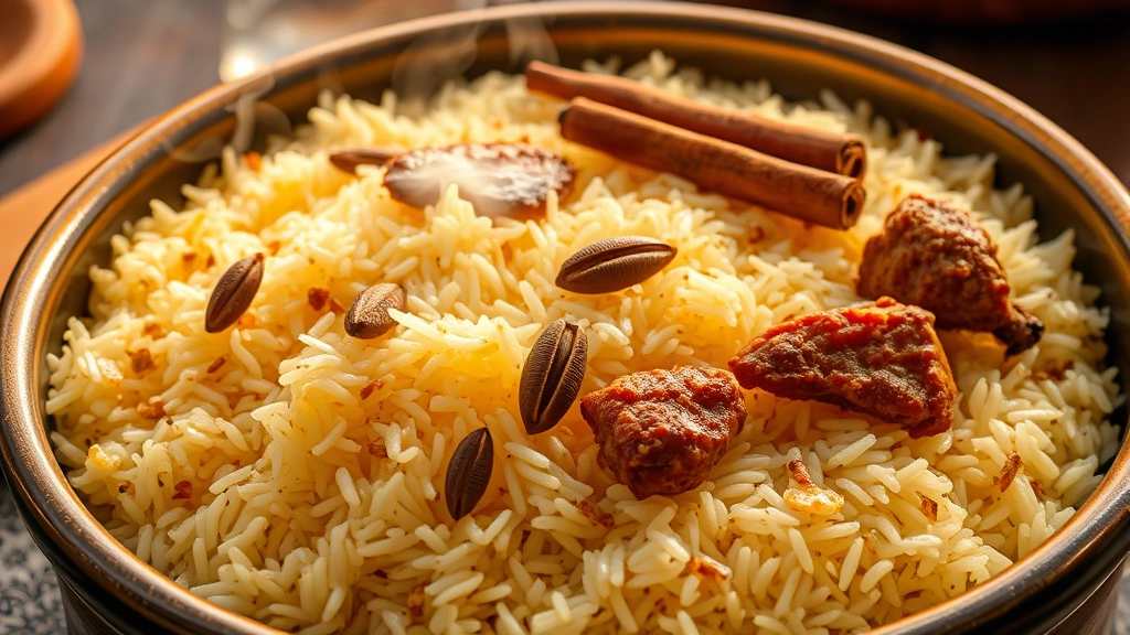 Artisanal biryani rice in traditional serving bowl with individual grains visible, fragrant steam, whole cardamom pods, cinnamon stick, and tender meat pieces scattered throughout, warm golden lighting, no people visible