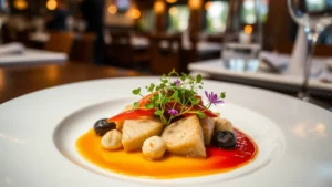 Fine dining plated dish with artistic presentation, colorful microgreens, sauce work, and precision plating on white ceramic plate, professional food photography, warm restaurant lighting
