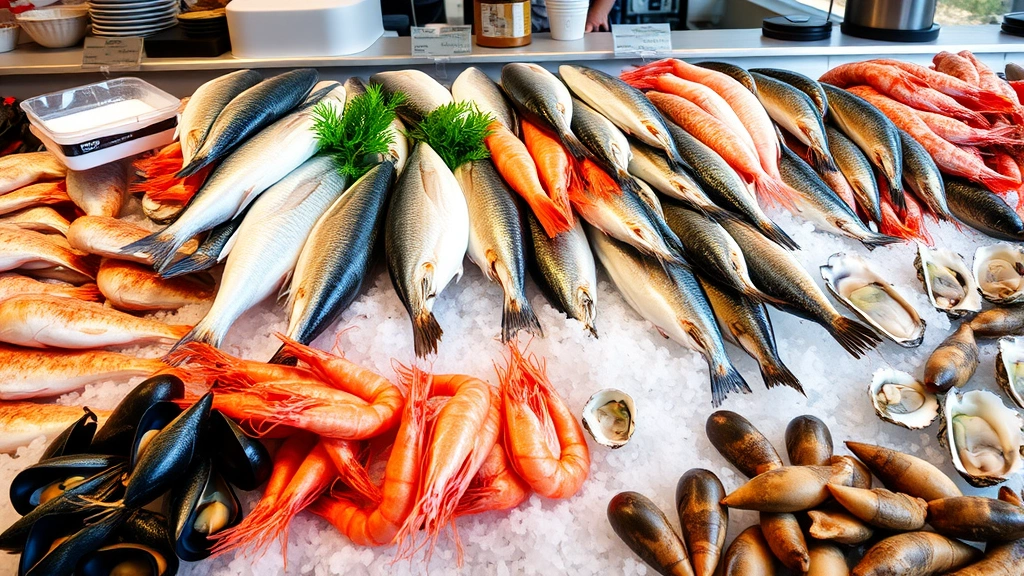 Fresh seafood display at market or restaurant, including whole fish, shrimp, mussels, and oysters on ice, natural daylight, emphasizing quality and freshness of ingredients