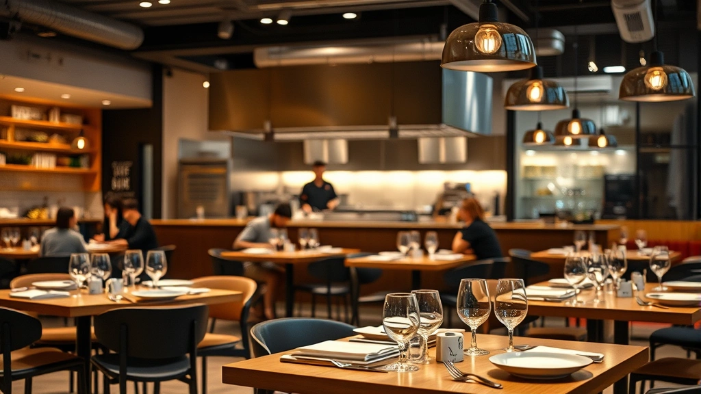 Modern restaurant interior with open kitchen visible, contemporary table settings with minimal dishware, warm ambient lighting, wooden and metal design elements, diners in soft focus background