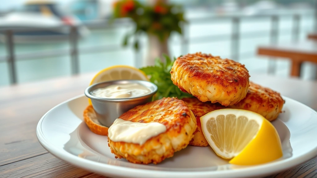 Perfectly golden crab cakes glistening with Old Bay seasoning, served on white ceramic plate with fresh lemon wedge and creamy remoulade sauce, waterfront restaurant background blurred softly