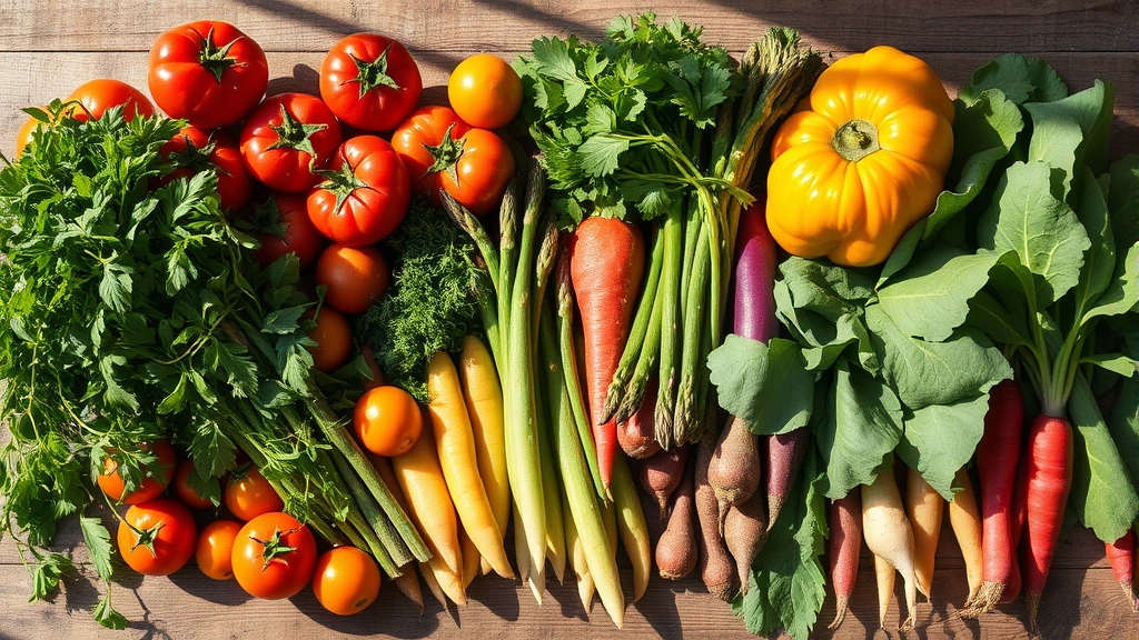 Vibrant farmers market vegetables arranged artfully: heirloom tomatoes, fresh herbs, crisp asparagus, and colorful root vegetables on rustic wooden table with natural sunlight